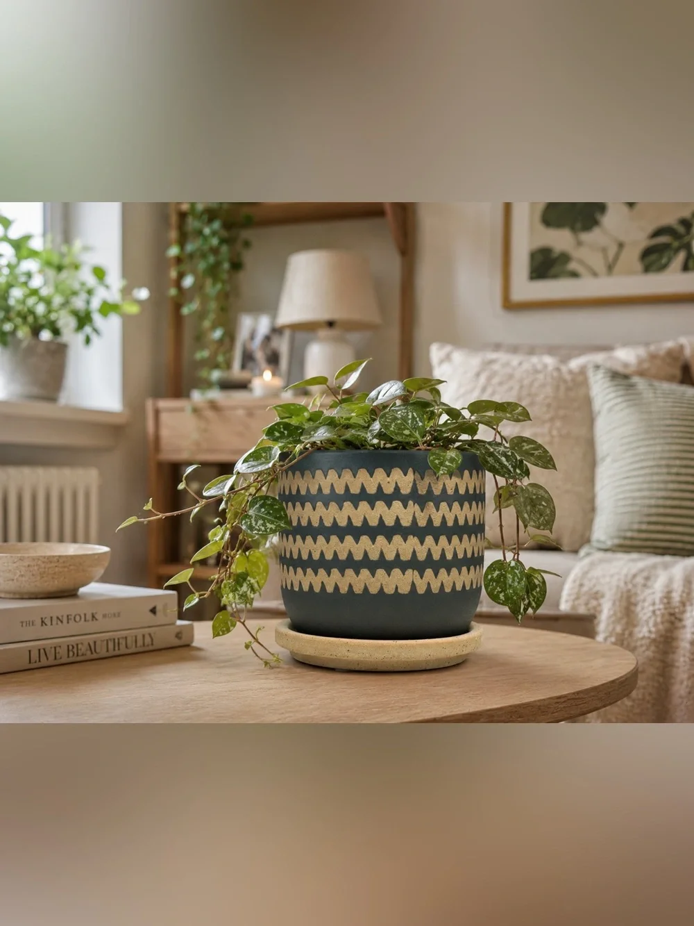Dark Green Ceramic Planter with Attached Saucer & Drainage Hole